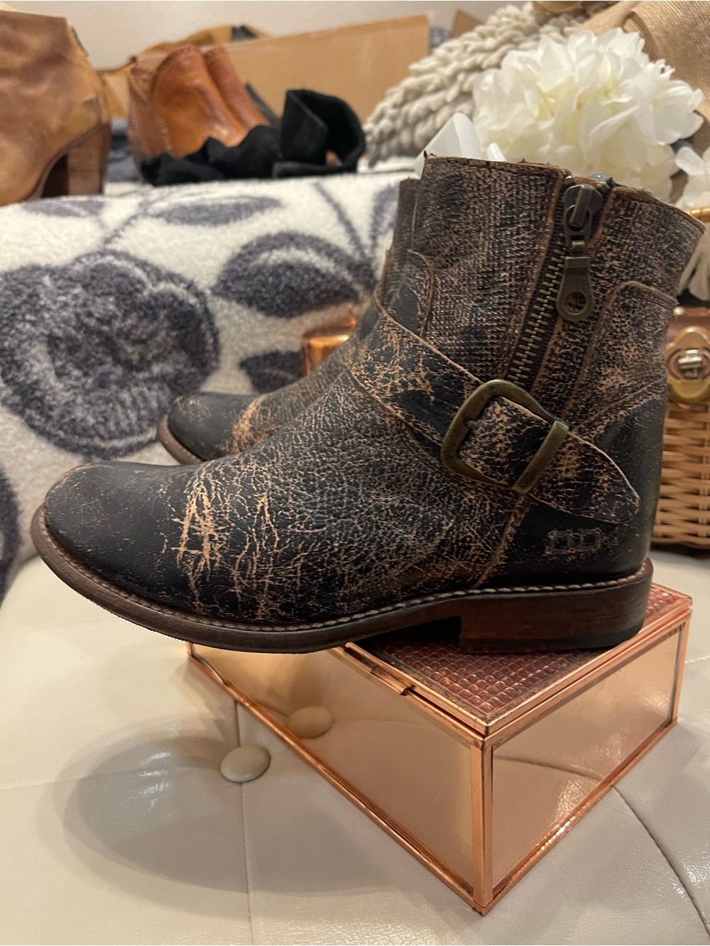 Bed Stu Becca Black Lux Distressed Leather Ankle Boots